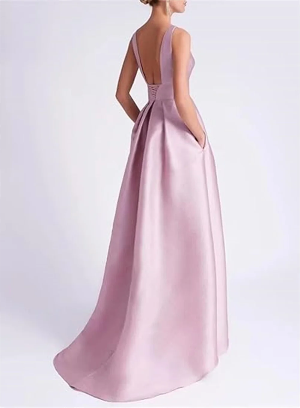 Customized High Low Satin Mother Of The Bride Dresses Pink Satin Wedding Guest Dresses With Pocket Sleeveless Party Evening Gown 2