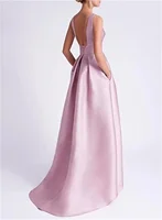 Customized High Low Satin Mother Of The Bride Dresses Pink Satin Wedding Guest Dresses With Pocket Sleeveless Party Evening Gown 2