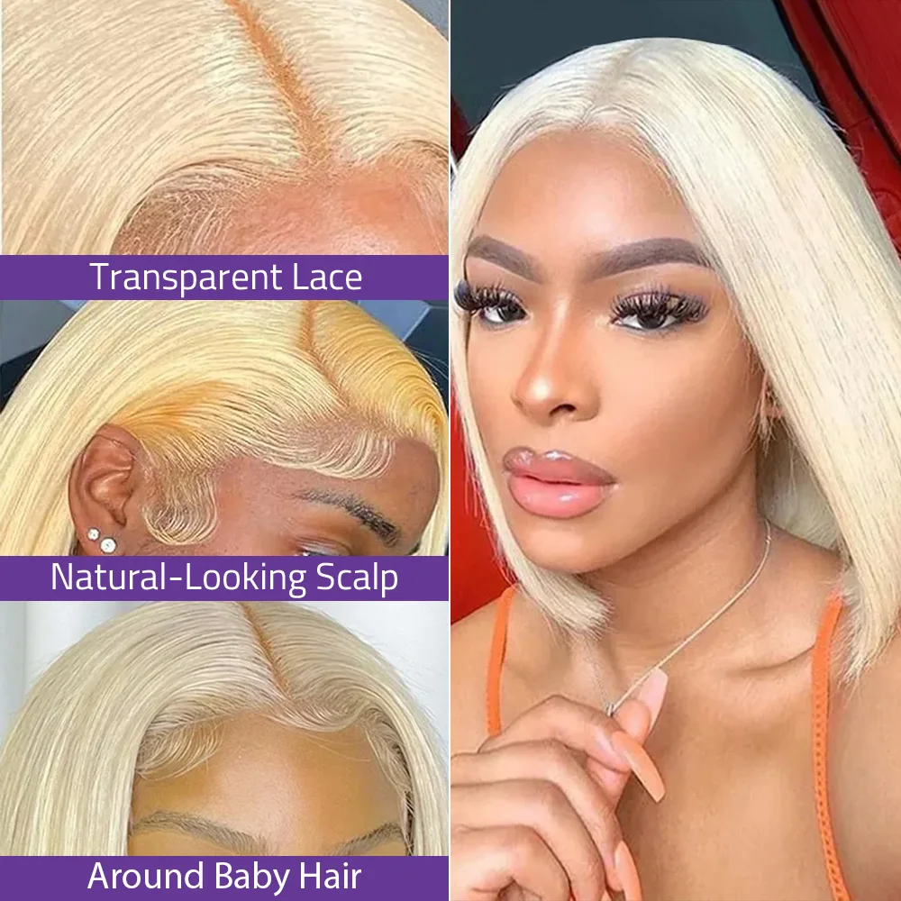 Honey Blonde 613 Short Bob Human Hair Wig Bone Straight 8-14 Inch 13x6 HD Transparent Lace Frontal Wigs For Women 200% Density 2
