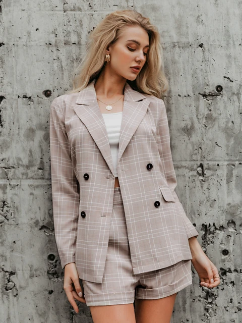 Simplee Two-piece Blazer Women Suits Double Breasted Plaid Casual