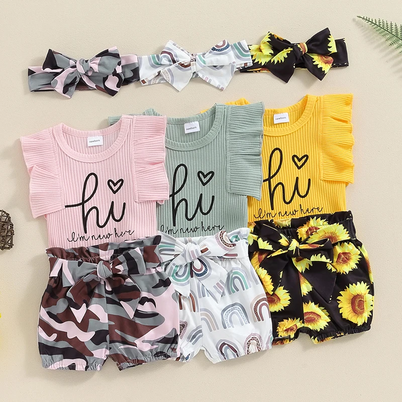 

Newborn Baby Girls Shorts Set, Letter Print Fly Sleeve Romper with Waist Tie Shorts and Hairband Summer Outfit