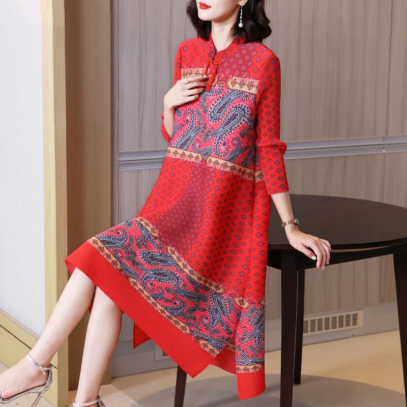 

Miyake Pleated Dress for Women Retro Printed Temperament Red Dress 2024 New Women's Mom Autumn Clothes Fashion Large Size Dress