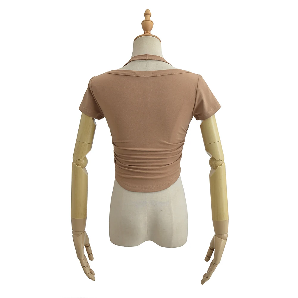 Women Short Sleeve Cropped Cotton T-shirt With Halter Collar And Side Folds Detail