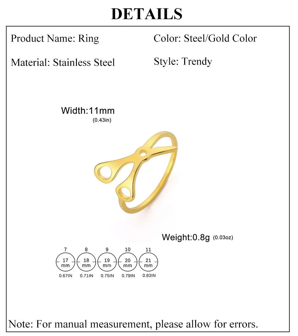 Stainless Steel or Gold Plated Scissor Ring – Lesbian Pride. This 11mm wide, 0.8g ring features a modern open design in gold-colored stainless steel—a chic addition to your sapphic pride collection. See image for sizing and material details.