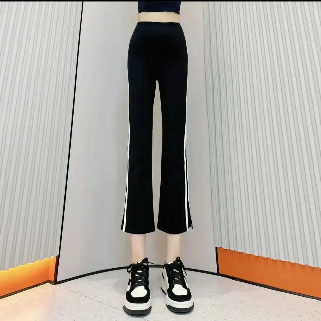 여성 사이드 스트라이프 샤크 팬츠, 슬림한 스트레이트 레그, 사이드 슬릿 레깅스, 얇고 가벼운 겉옷, 다목적, 여름 신상