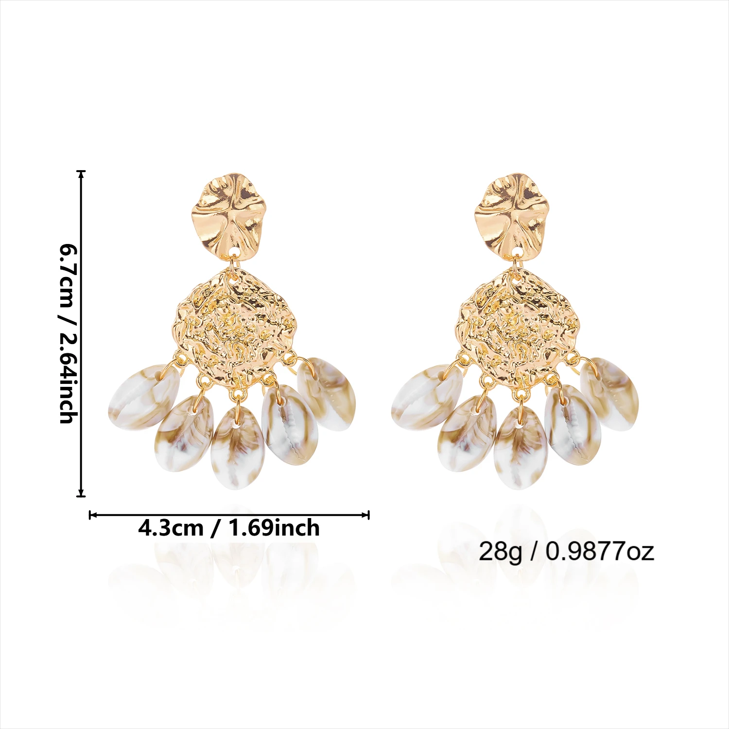 Mehrschichtige Perlenmuschel-Quasten-Ohrringe für Damen, elegante goldfarbene Korallen-Geometrie-Hängeohrringe, Sommer-Strandschmuck – Detail 7