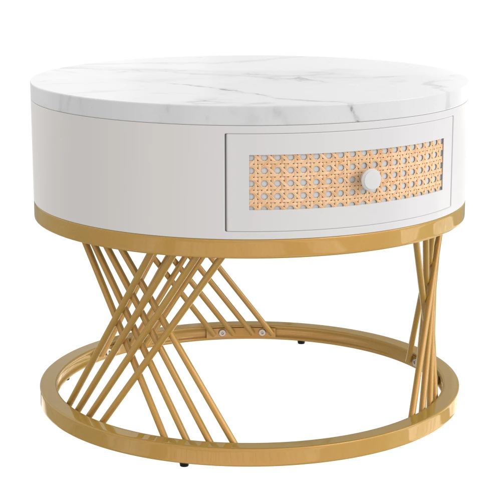 2-in-1 runder Couchtisch aus MDF, Beistelltisch mit Marmor-Arbeitsplatte und Schubladen aus Kunststoff-Rattan, Massivholzgriffe – Detail 12