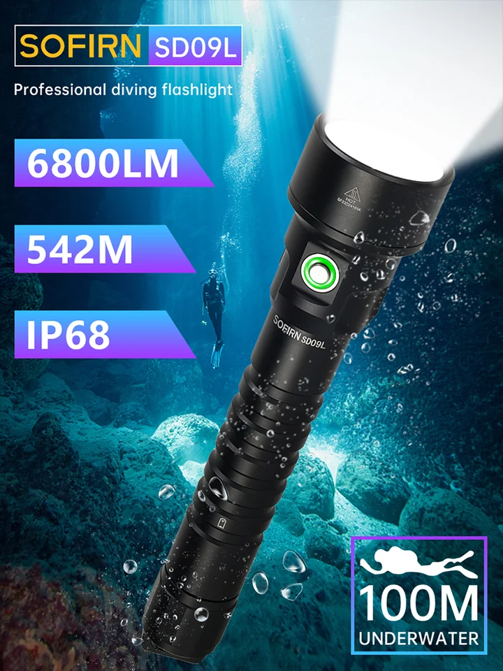 SD09 Torcia Subacquea, Potente Torcia a Led 3400 Lumen Con 100 Metri Di