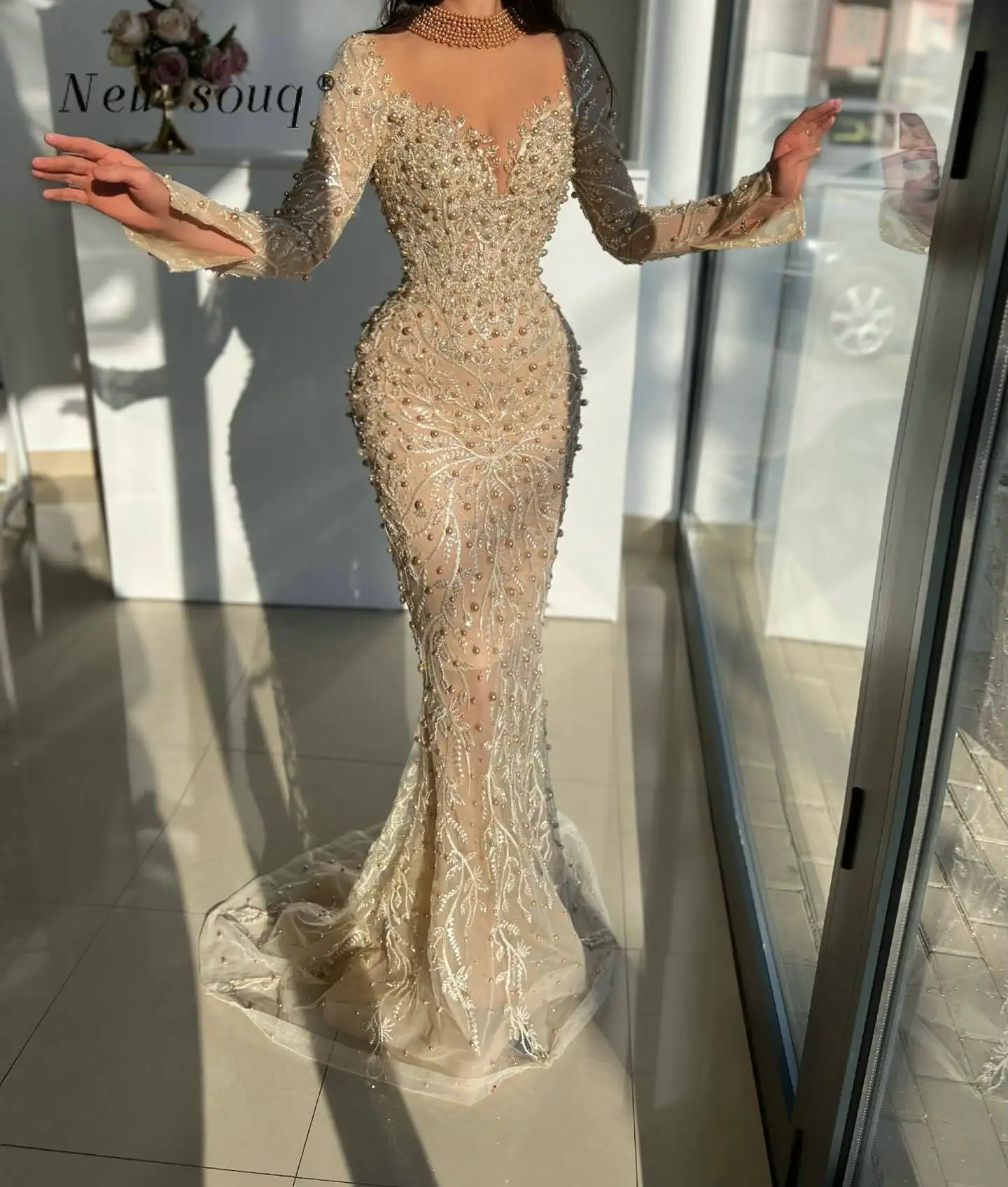 Spring Summer Middle East Sexy High Waist Rhinestone Pearl Chiffon Cocktail Evening Dress