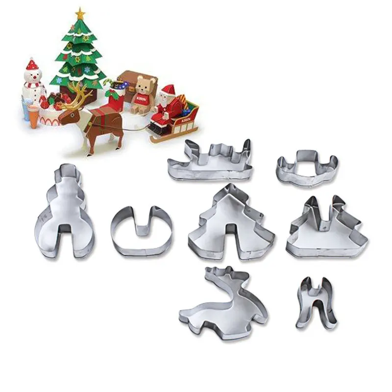 

Set of 8 Christmas Stainless Steel Cookie Cutters 3D Stereo Cookies Printed Cake Mold Baking Tools