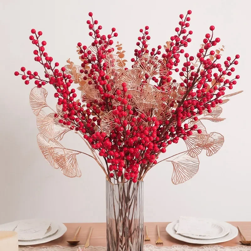 

Artificial Red Berry Flowers Bouquet Simulation Red Fruit Fake Plant Christmas Holly Red Fruit Fake Flower Home Xmas Decoration