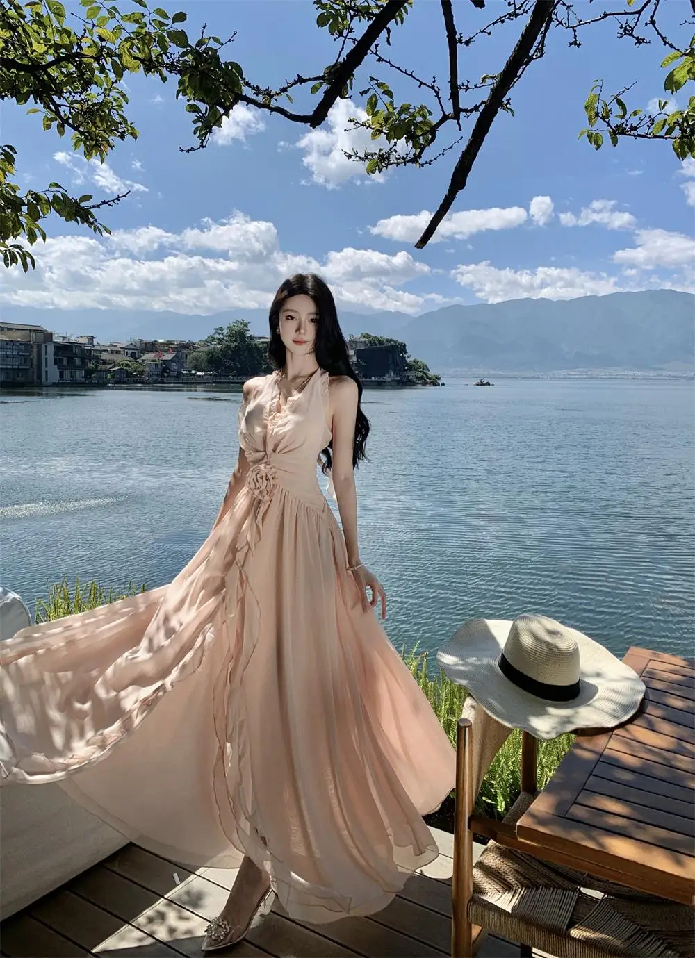 Summer New Ruffles A-line Long Dresses for Women Halter Backless Holiday Seaside Party Dress Korean Fashion One Piece Vestido