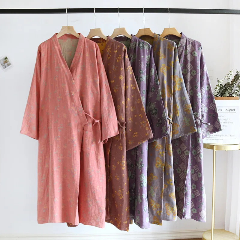 Spring Autumn Women's Cotton Double Sided Jacquard Kimono Robes Nightgowns Loose Size Comfortable Home Bathrobe