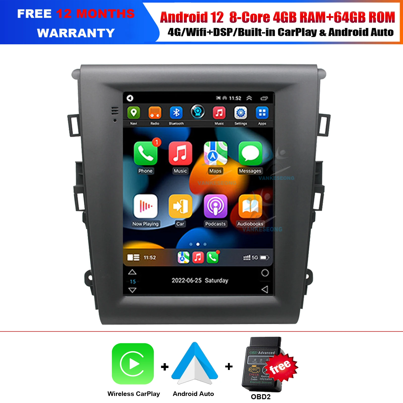 

9.7 inch Wireless Carplay Android Auto 4G 4+64GB Car Multimedia Head Unit Radio Stereo For Ford Mondeo MK5 2013-2018 GPS Sat Nav