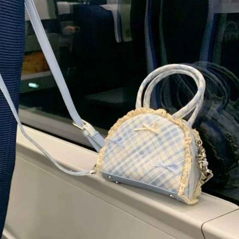 JIAERDI Harajuku Plaid Blue Y2k Hand Bag Wallet Women Vintage Bow Handle Chic Shell Bag Handbag Female Casual Crossbody Bags New