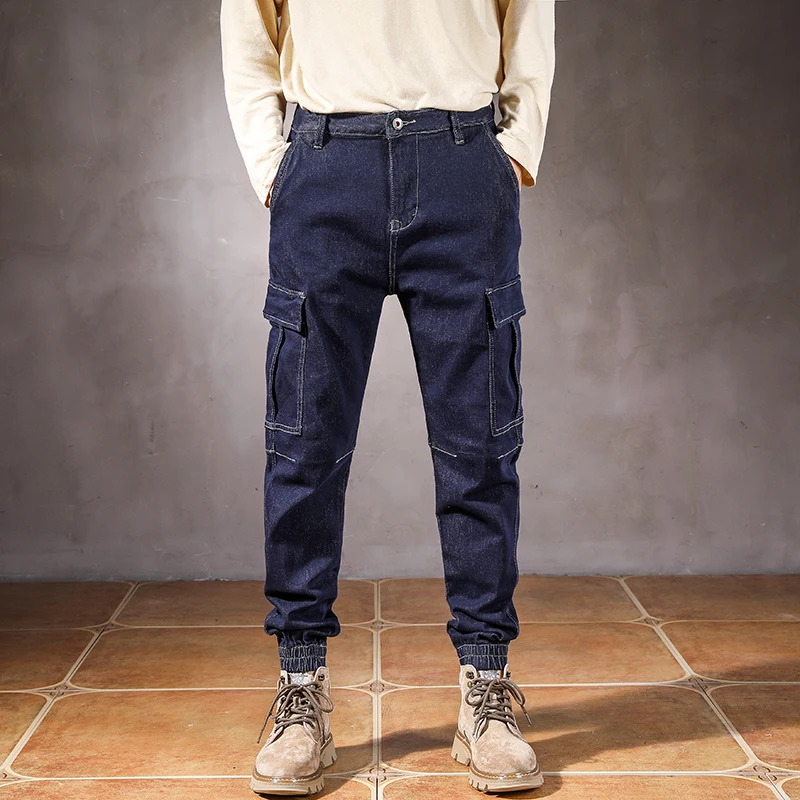 

Cargo Jeans Men Pants Dark Blue Baggy Harem Pants 2022 Spring Style Streetwear Multi-Pockets Design Hip Hop Denim Trousers Man
