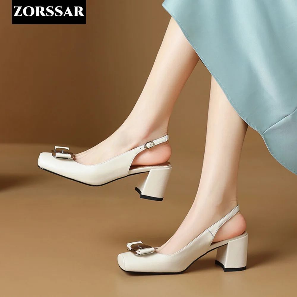 Women Summer Genuine Leather Slingback Pumps Office Lady Square Heels Sandals Elegant Square Toe Female Sexy High Heels