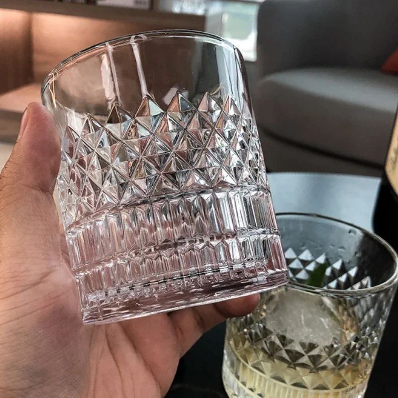 335ml Whiskey Glass Vertical Grain Transparent Crystal Glass Wine Cups Brandy Classical Wine Drinkware Relief Drinking Cup
