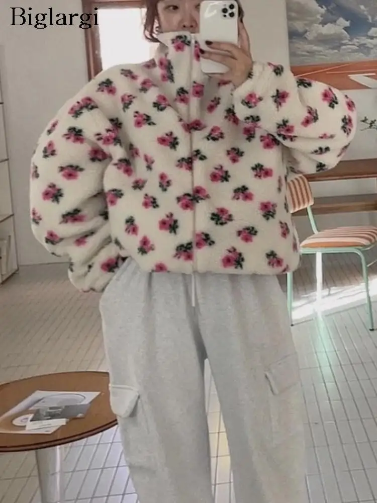 

Winter Lambswool Furry Coat Women Flower Print Fashion Korean Style Ladies Cropped Jackets Long Sleeve Woman Jackets Coats 2023