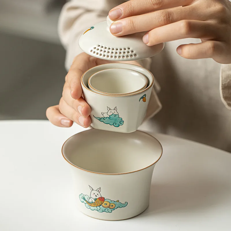 Portable Tea Set with Cover Bowl, Quick Cup, Travel Tea Set, Business partner Gift, One Pot, 3 Cup, Storage Bag