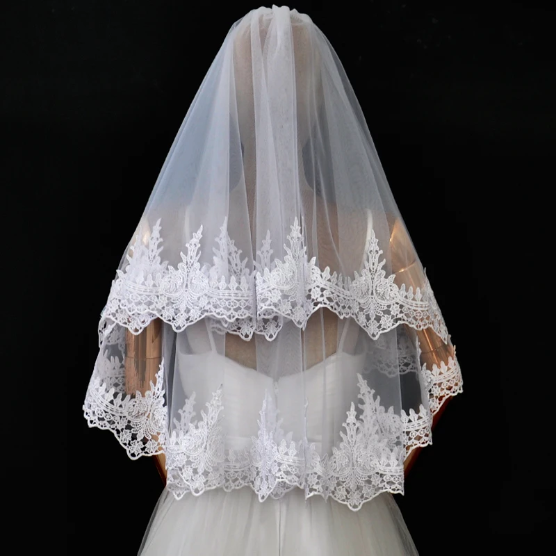 White Ivory Lace Wedding Veil With Comb Two Layers Short Bridal Elbow