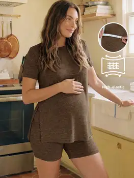 Maternity Two Piece Set Short Sleeve Top And Biker Shorts Side Slit Comfortable Summer Outfit