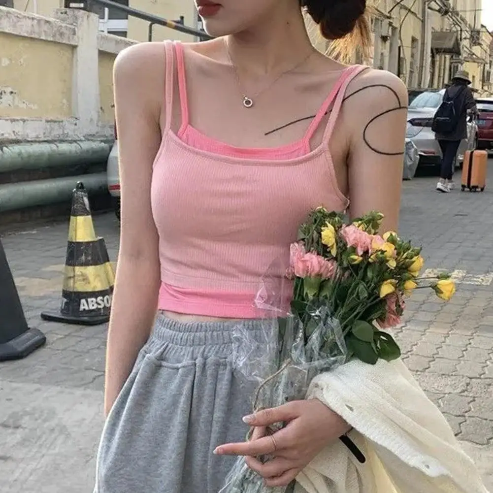 

Summer Hot Girl Fake Two Piece Camisole No Chest Pads Outer Wear Bottoming Tube Top Sexy Sling Slim Fit Women Trend Vest Cami