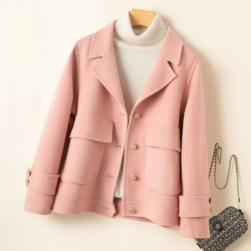 2023 Autumn Winter New Women Fashion Turn-Down Collar Double Sided Wool Coat Female Temperament Slim Fit Casual Cashmere Jacket