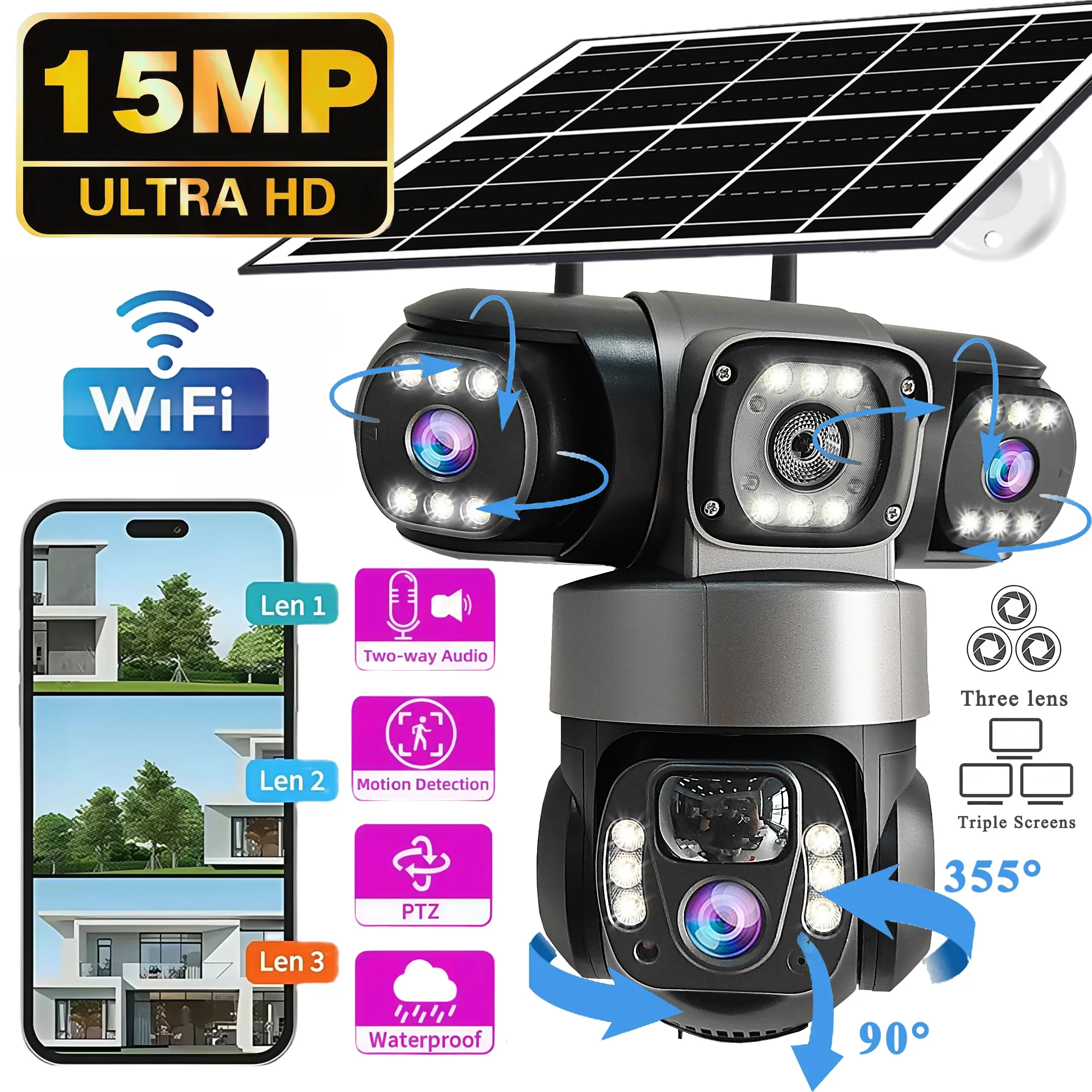V380PRO 3 Lens WiFi Solar Camera 15MP 360 Outdoor Waterproof CCTV Night Vision Two-Way Audio Camera Mobile Tracking 4G IP Camera 1