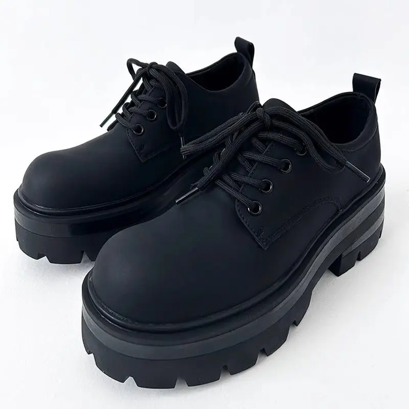 High-Grade 7cm Increased Derby Carbon Black Trendy Men's British-Style Thick-Soled Hair Stylist Big Head Leather Shoes