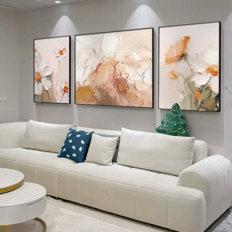 Tela astratta, pura pittura a olio dipinta a mano, trittico floreale, arte murale di fascia alta nel soggiorno - immagine 3