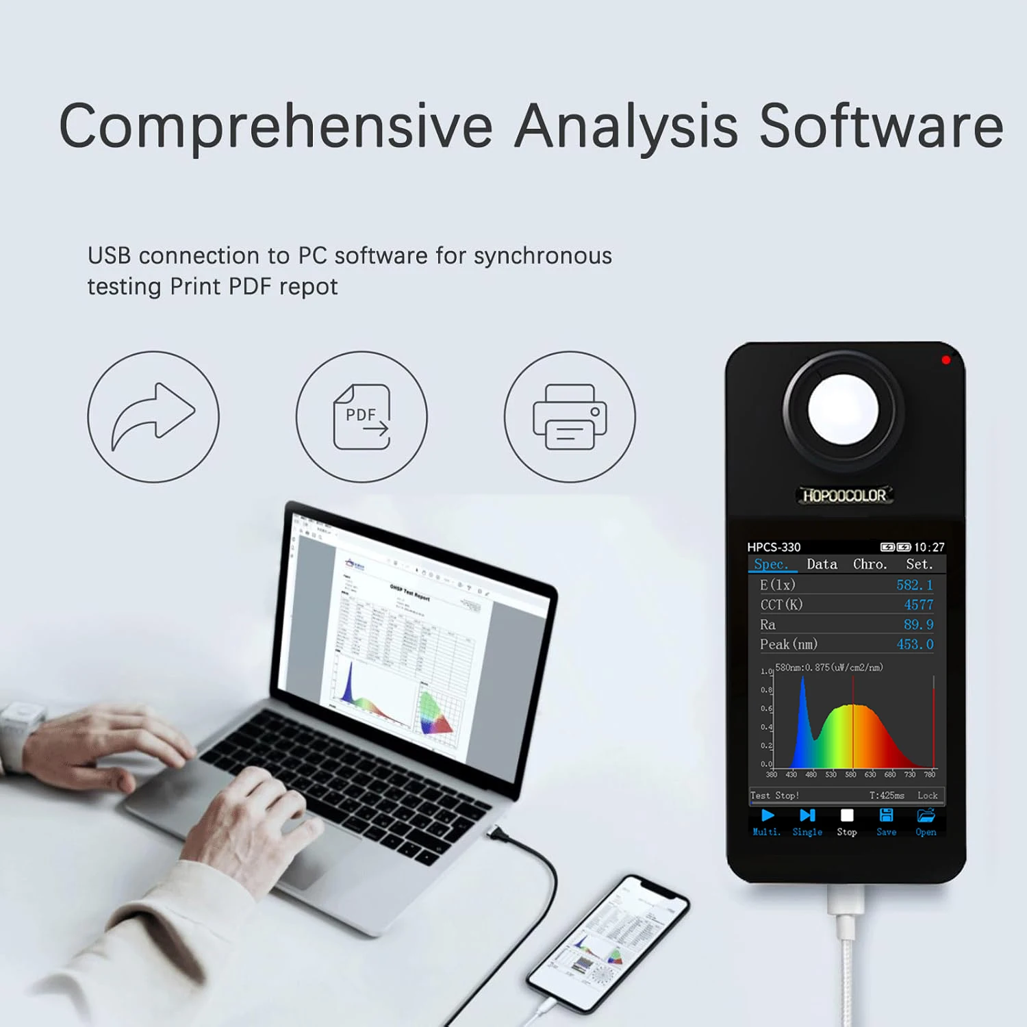Low Price Bluetooth Spectrometer HPCS330 light meter lux CCT Meter CRI tester