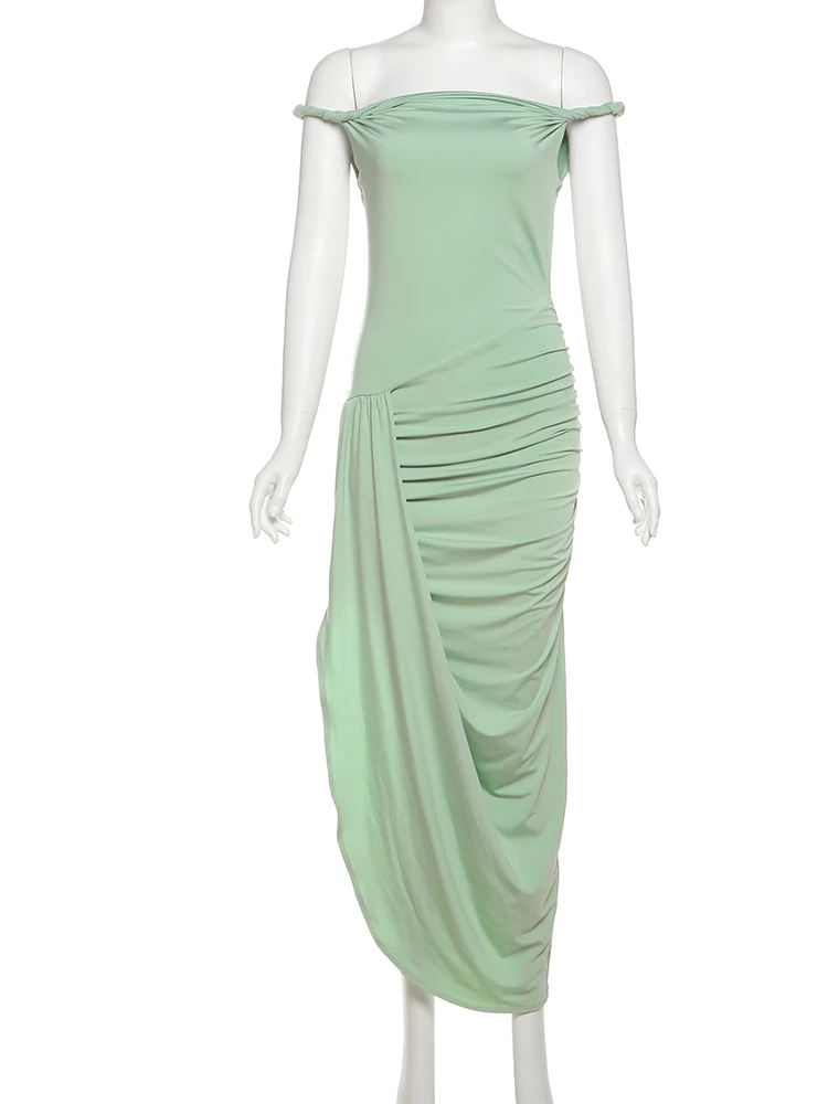 Nibber Summer Trend Irregular Patchwork Dress Women Temperament Slash Neck Side Split Elegant Tight Stretch Skinny Maxi Bodycon