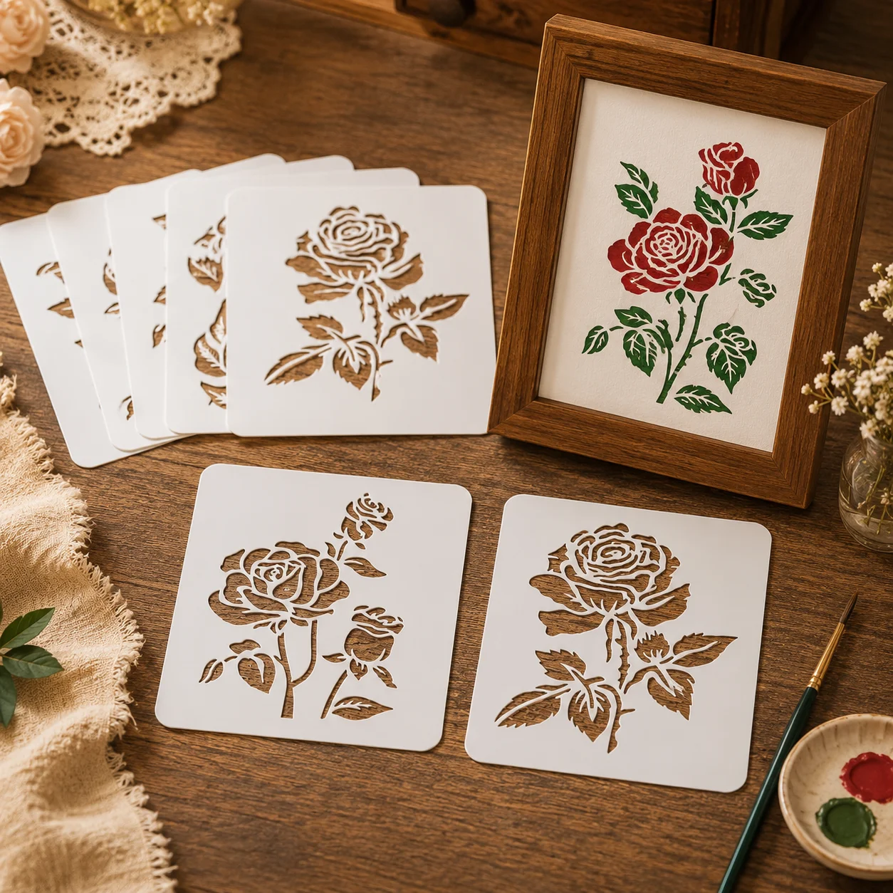 6PCS 5.1 x 5.1인치 장미꽃 스텐실 DIY 벽 목재 캔버스 패브릭 장 재사용 가능한 꽃무늬 템플릿