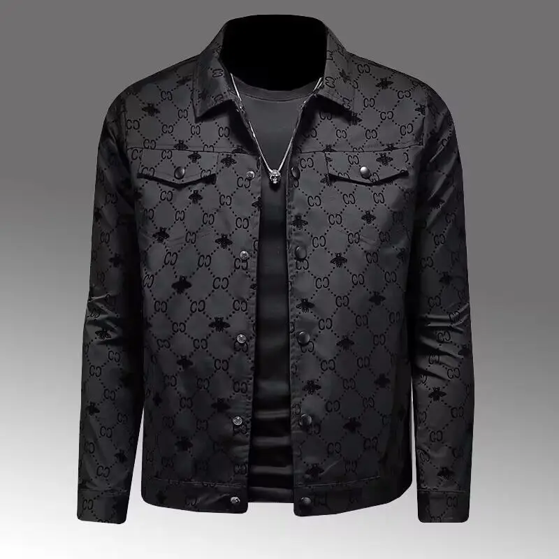 4X 5XL Luxury Flocking Bomber Jacket Mens Autumn Business Vintage Casual Slim Jacket Lapel Single Breasted printing Coats Jacket