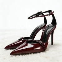 Sexy Ankle Strap Thin High Heels Women Summer Patent Leather Luxury Banquet Wedding Shoe Elegant Pointed Toe High Heeled Sandals
