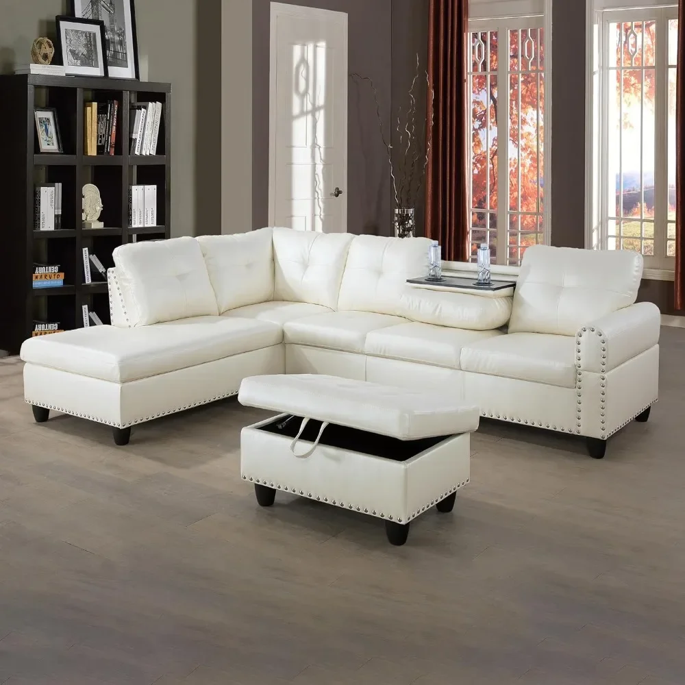 

3-Piece Faux Leather Sectional Couch, Button Tufted Upholstered Modular Sofas with Chaise Lounge and Storage Ottoman, Sofas