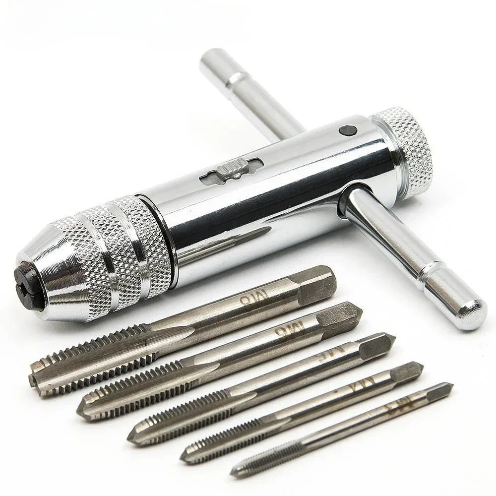 

Adjustable Silver T-Handle Ratchet Holder Wrench with 5pcs M3-M8 3mm-8mm Machine Screw Thread Metric Plug T-shaped Tap