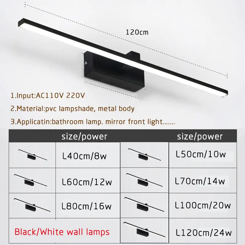 Bathroom Mirror Front Light Modern Led Wall Light Black&White Luminaires Sconce Led Wall Lamp L40 60 80 100 120cm Bathroom Lamp