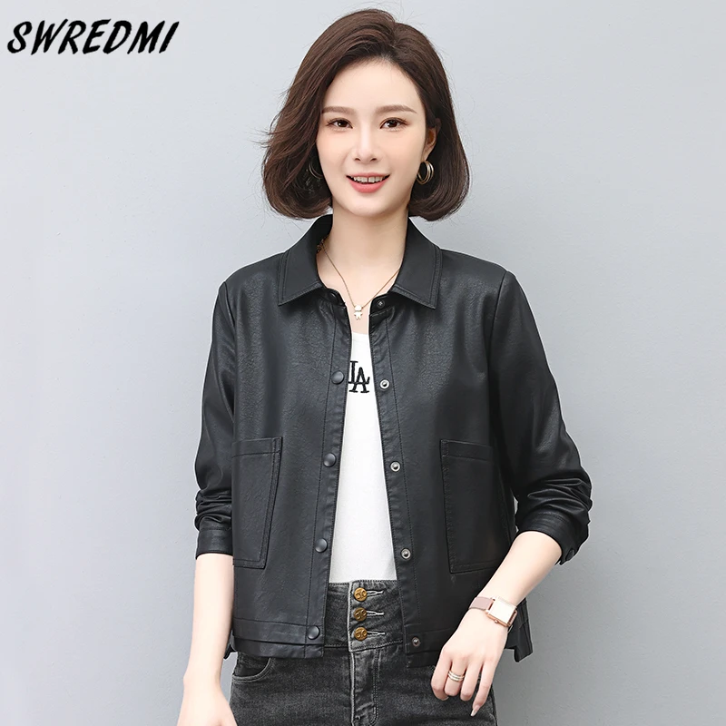 

High Quality Faux Leather Jackets Women Autumn And Winter Clothing L-5XL Turn-Down Collar Short Coat Female Suede SWREDMI