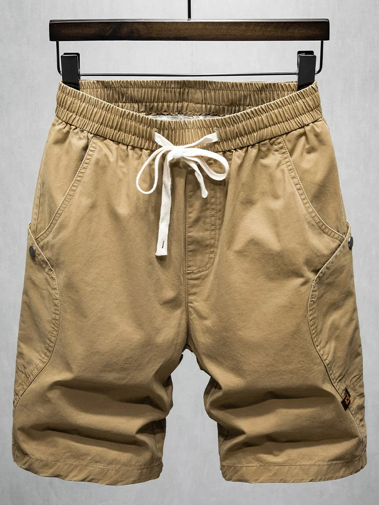 Summer Cotton Casual Cargo Shorts Men Outdoor Sport Beach Dark Gray Elastic Waist Drawstring Short Pants