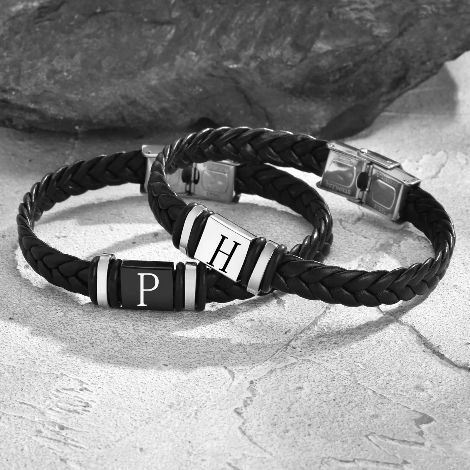 MPRAINBOW Men's Personalized Leather & Steel Bracelet – Magnetic Clasp Bangle Gift - View #6
