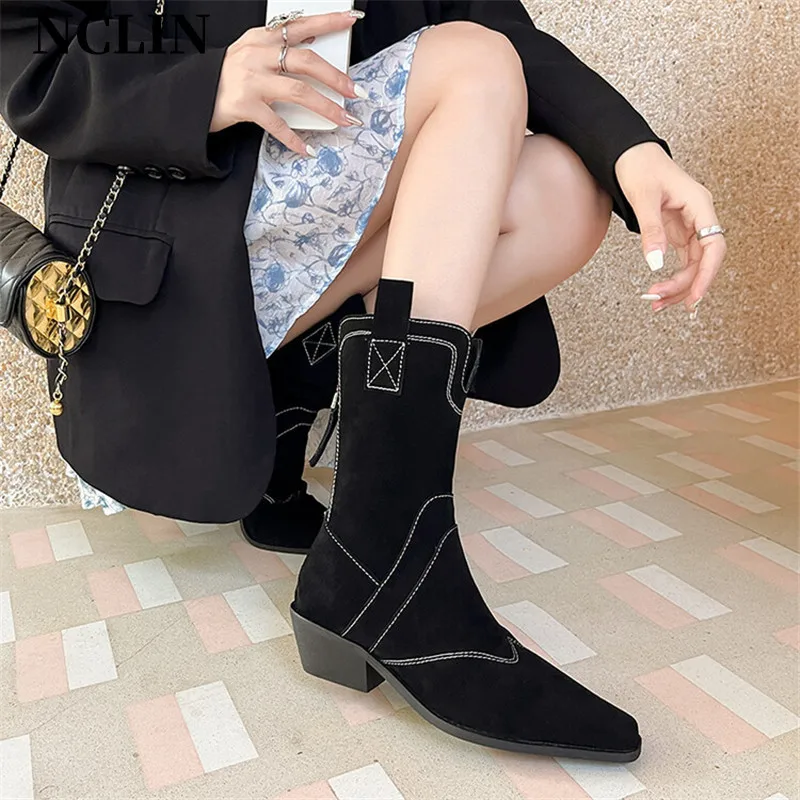 

2024 New Autumn/winter Women Shoes Square Toe Chunky Heels Mid-calf Boots for Women Cow Suede Western Knight Boots