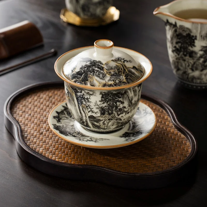 160ML Ru Kiln Landscape Porcelain Gaiwan Set tea set For Tea Tureen Teaware Cup Chinese Yellow Ceramic Opening Tea Bowls Ceremony