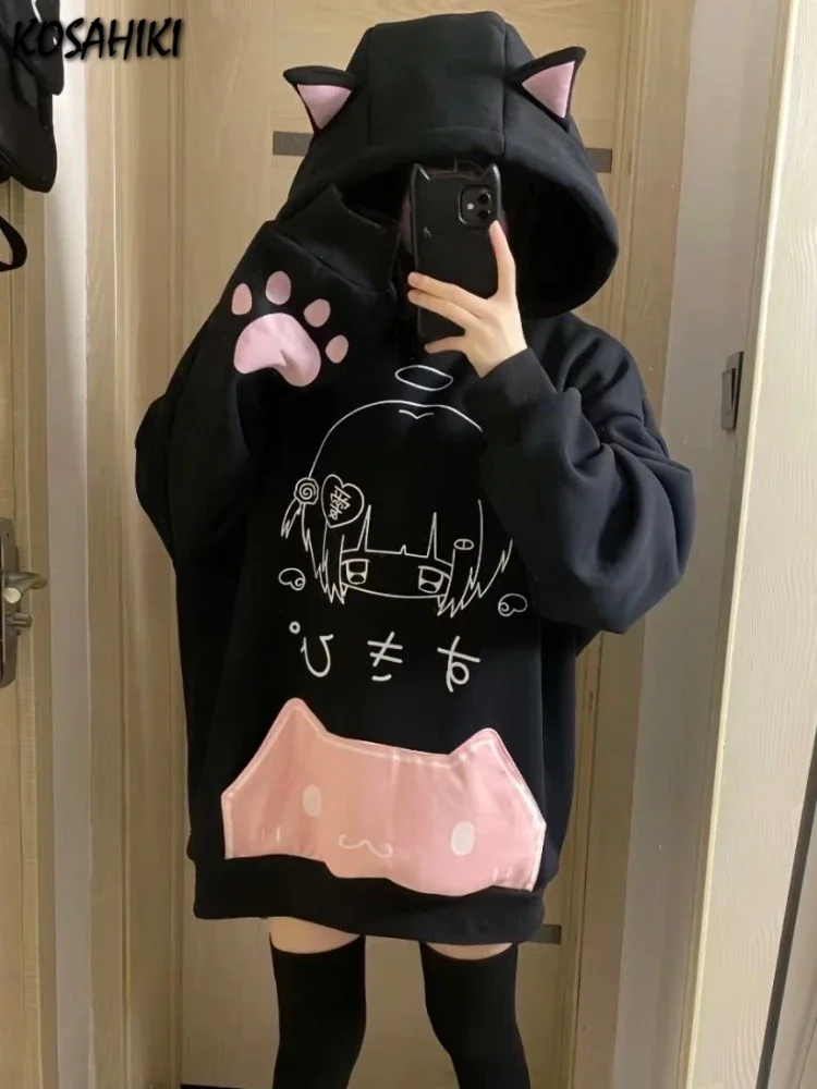 Japanese Cartoon Print Fleece Hoodies Women Harajuku Gothic Cat