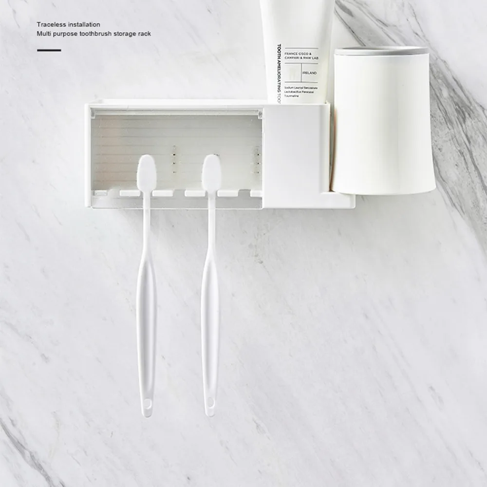 Toothbrush Holder Bathroom Storage Rack Self Adhesive Toothbrush Holder with Cover Wall Mounted Toothbrush Rack 5 Slots Hanger Bathroom