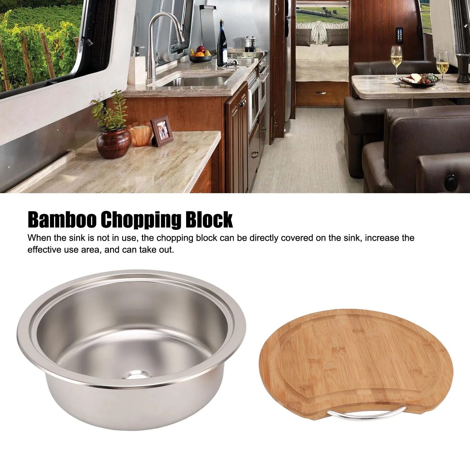 360mm/14.17in RV Wash stainless steel sink With bamboo chopping  RV Caravan Camper Stainless Steel Hand Wash Basin Kitchen
