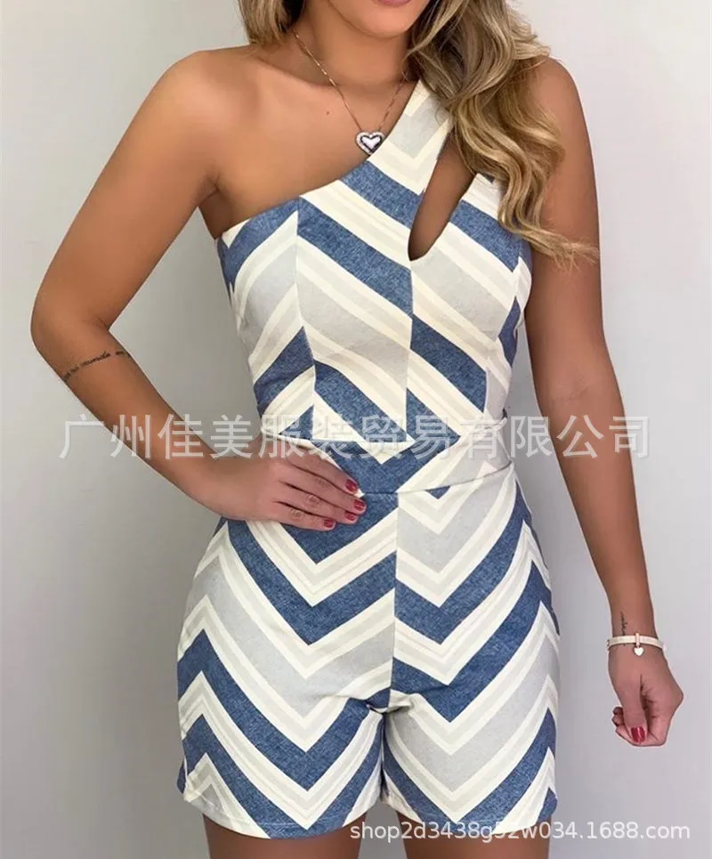 

2023 Spring/Summer New Wave Print One Shoulder Stripe jumpsuit shorts for women