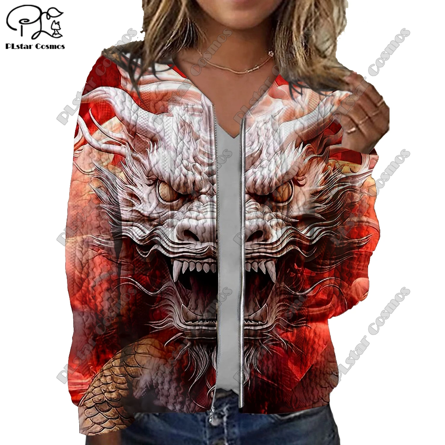 New 3D printed animal series dragon and phoenix pattern printed women's jacket threaded texture casual authentic short coat LF-3