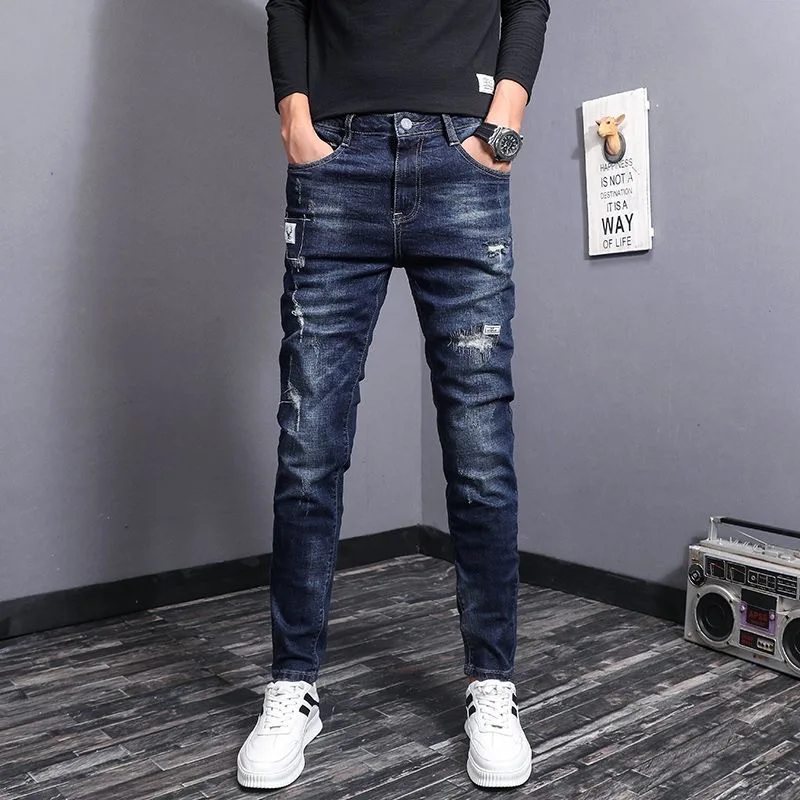 

2024 Spring and Autumn New Fashion Trend Solid Color Ripped Elastic Small Legs Men's Casual Slim Comfortable High-Quality Jeans